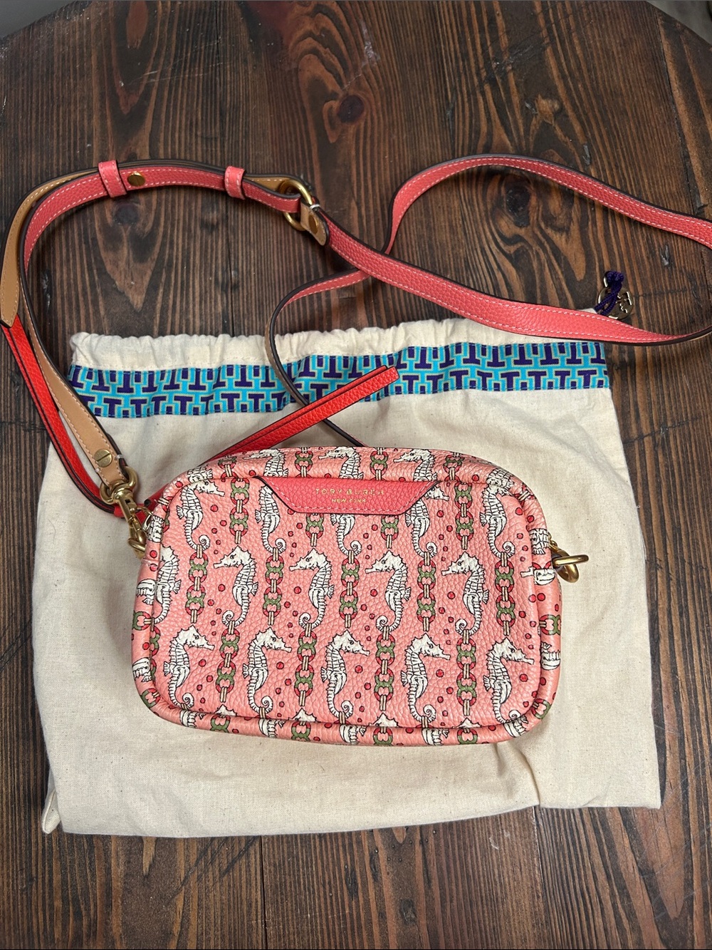 Tory Burch Perry Seahorse Printed Leather Camera Crossbody Bag Coral